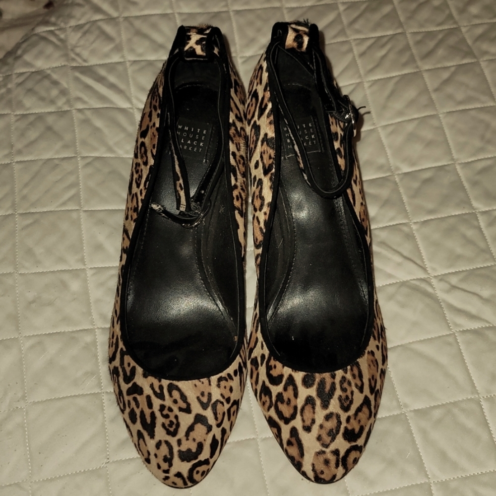 White House Black Market chunky Leopard heels calf hair.